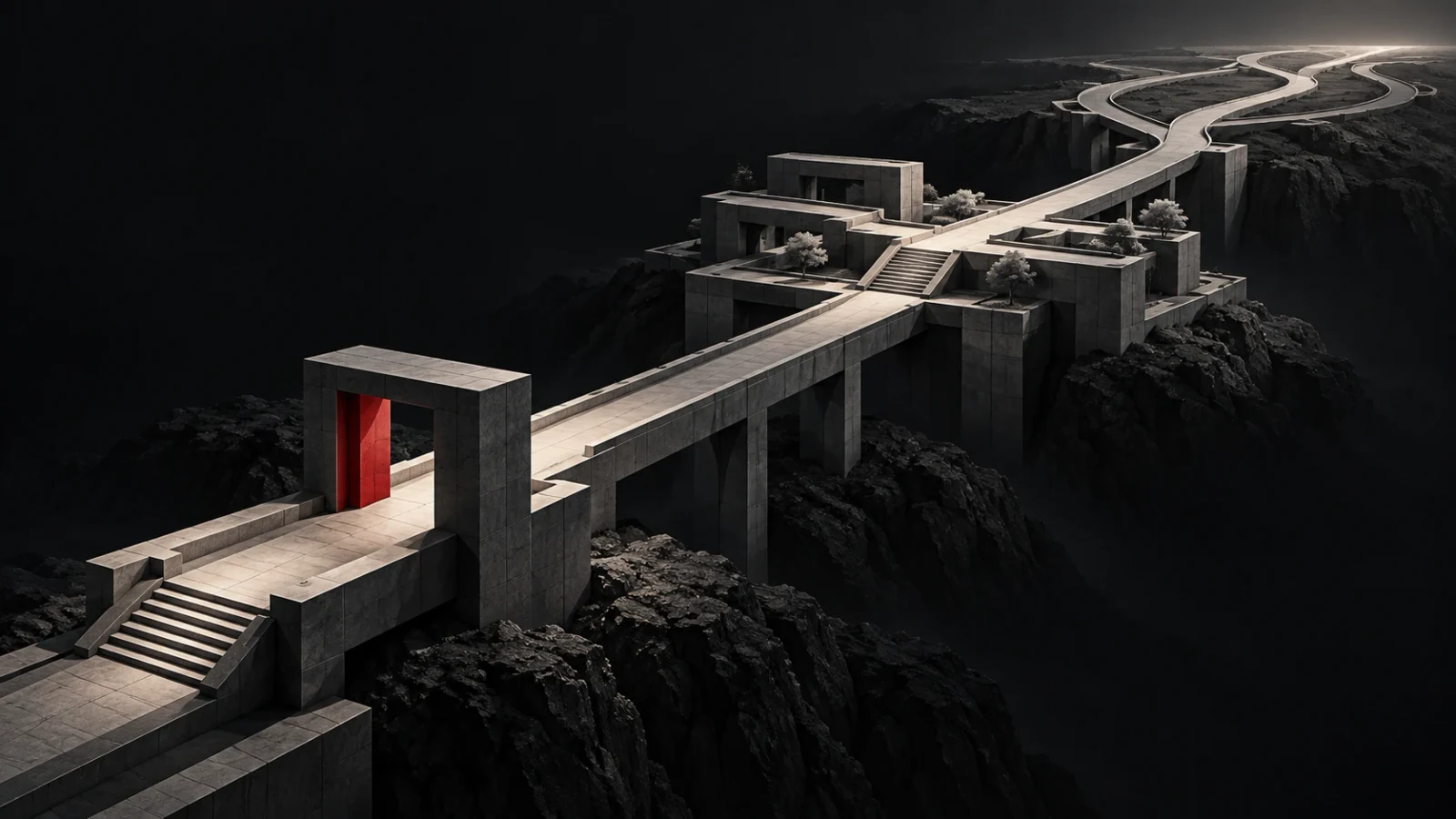 A dark architectural bridge crossing a chasm toward a single lit red doorway, with a road continuing into the distance beyond it, representing the path from where you are now to the next horizon.