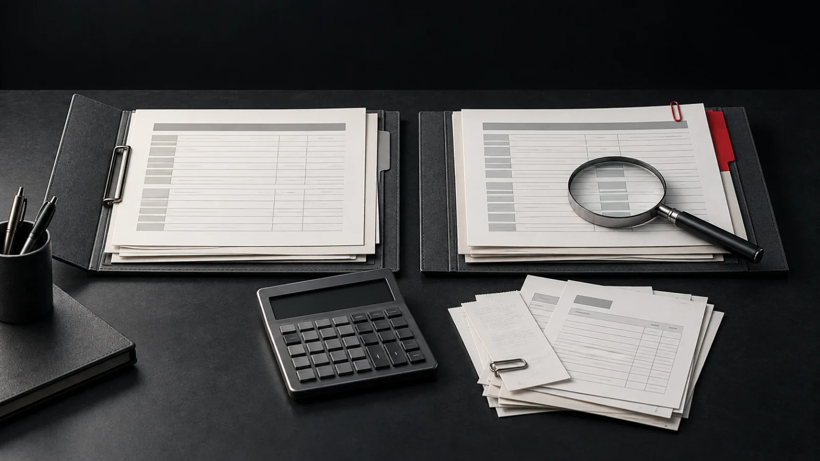 Two open binders on a dark desk, one with a plain report and one with a magnifying glass over its report, next to a calculator and a stack of receipts, representing verifying a baseline before trusting the numbers.