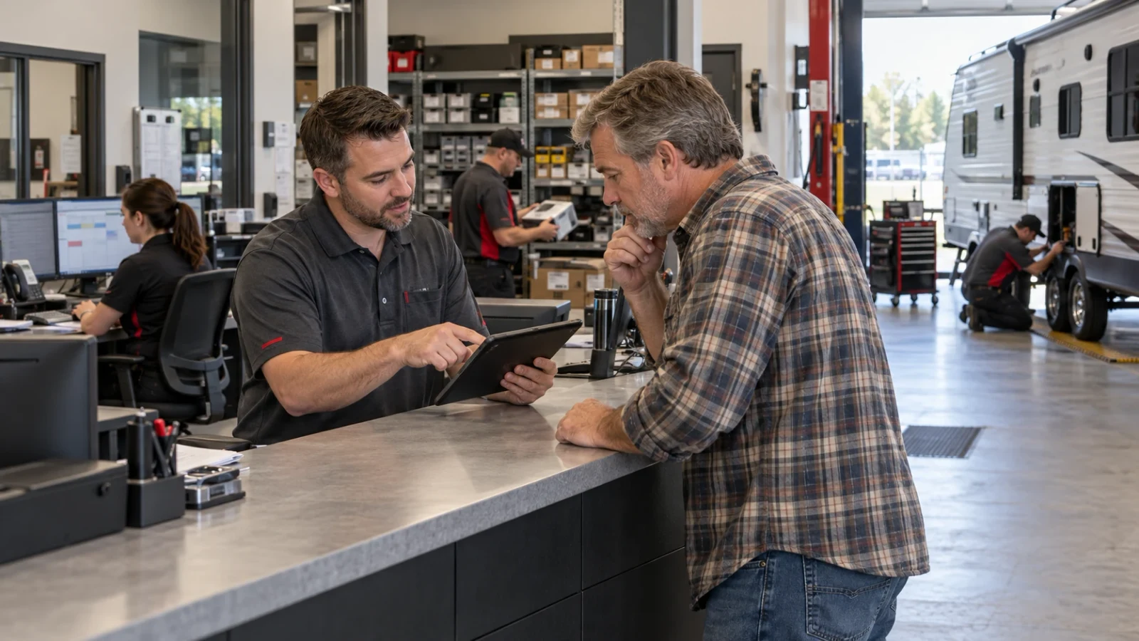 An RV dealership service advisor and a customer reviewing a tablet together at the service counter, with technicians working on a travel trailer in the service bay behind them.