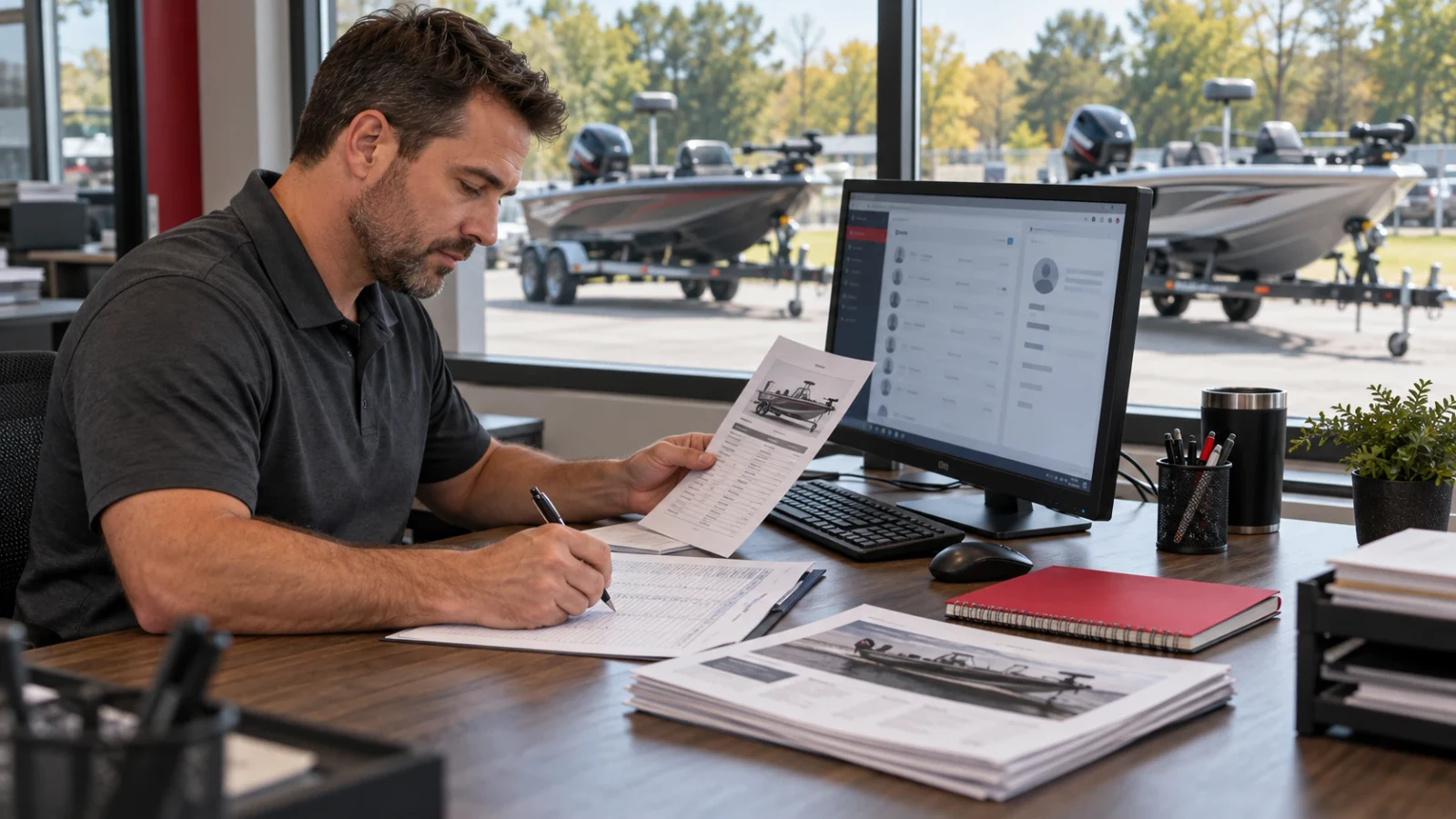 A marine dealership employee at a desk hand-annotating a printed boat spec sheet while a CRM dashboard sits open and unused on the monitor behind him, boats on trailers visible through the window.